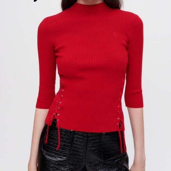 Maje Tops - MAJE Manuello lace-up mock-neck stretch-knit jumper Wool Blend Top Sz 2 US M